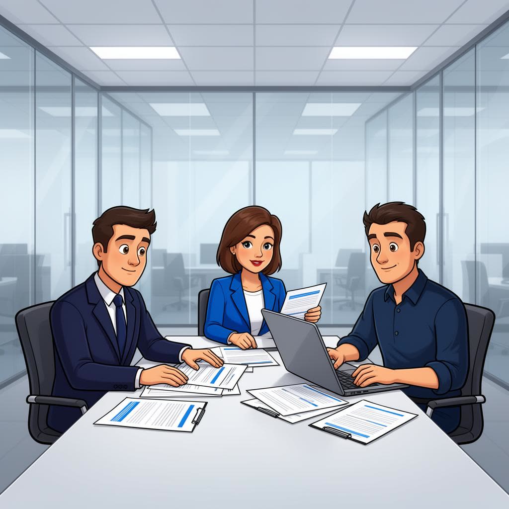 Cartoon of diverse IT team discussing findings around monitors